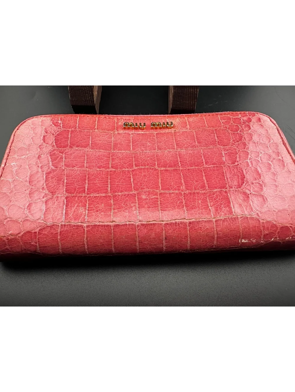 Miu Miu Pink Croc-Embossed Leather Zip-Around Wallet